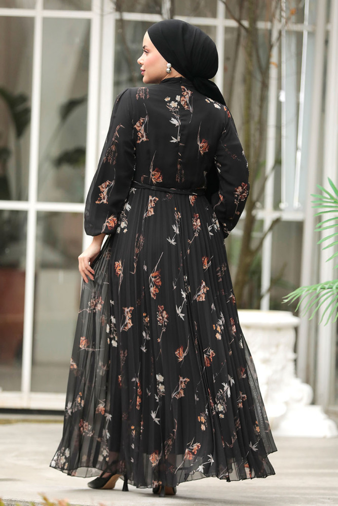  Çiçek Desenli Siyah Tesettür Elbise 33087S - 4
