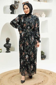Neva Style - Çiçek Desenli Siyah Tesettür Elbise 33420S - Thumbnail
