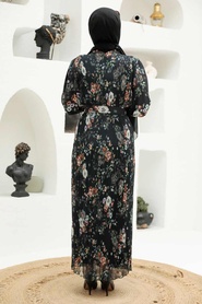 Neva Style - Çiçek Desenli Siyah Tesettür Elbise 33420S - Thumbnail