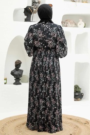 Neva Style - Çiçek Desenli Siyah Tesettür Elbise 3357S - Thumbnail