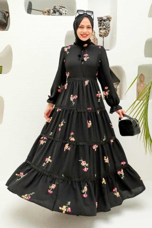  Çiçek Desenli Siyah Tesettür Elbise 3403S - 2