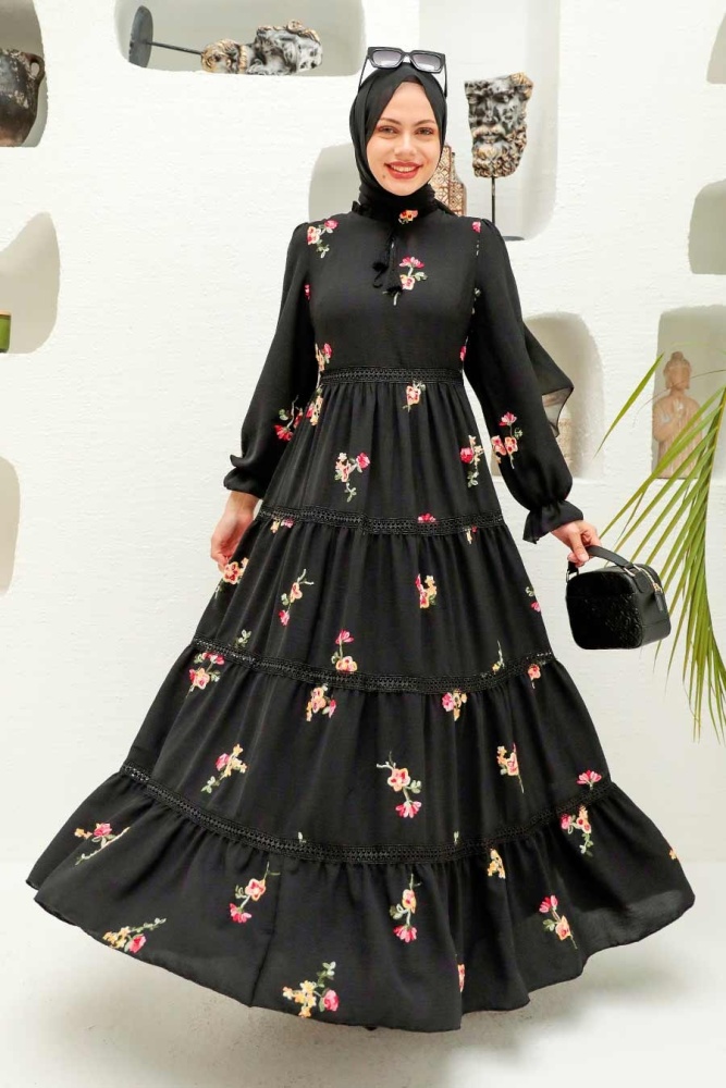  Çiçek Desenli Siyah Tesettür Elbise 3403S - 2