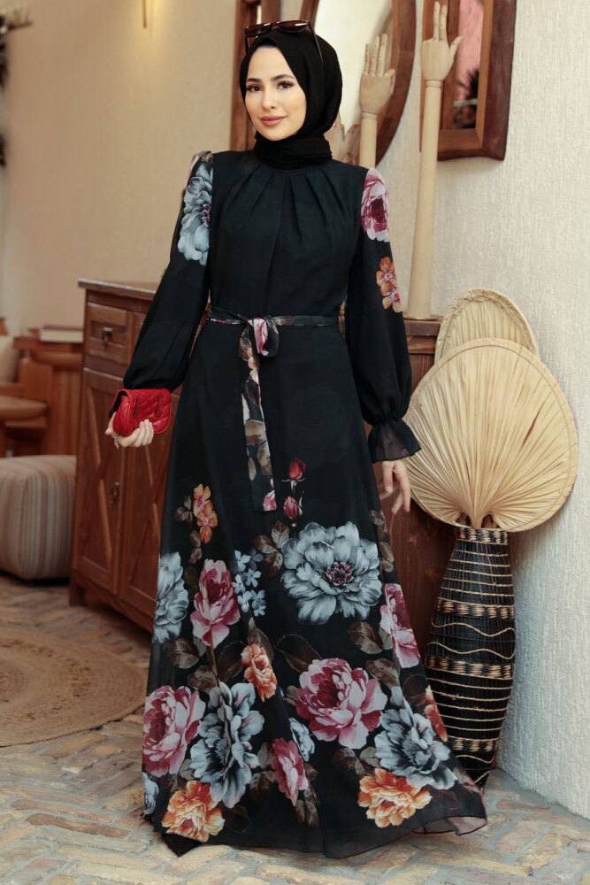 Neva Style - Çiçek Desenli Siyah Tesettür Elbise 35461S - 5