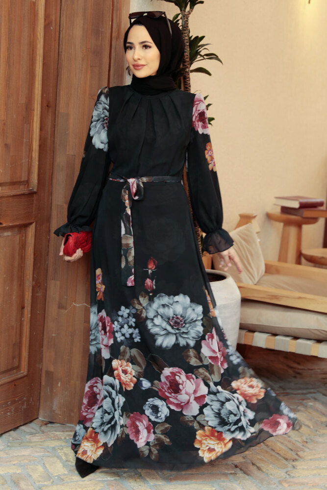 Neva Style - Çiçek Desenli Siyah Tesettür Elbise 35461S - 6