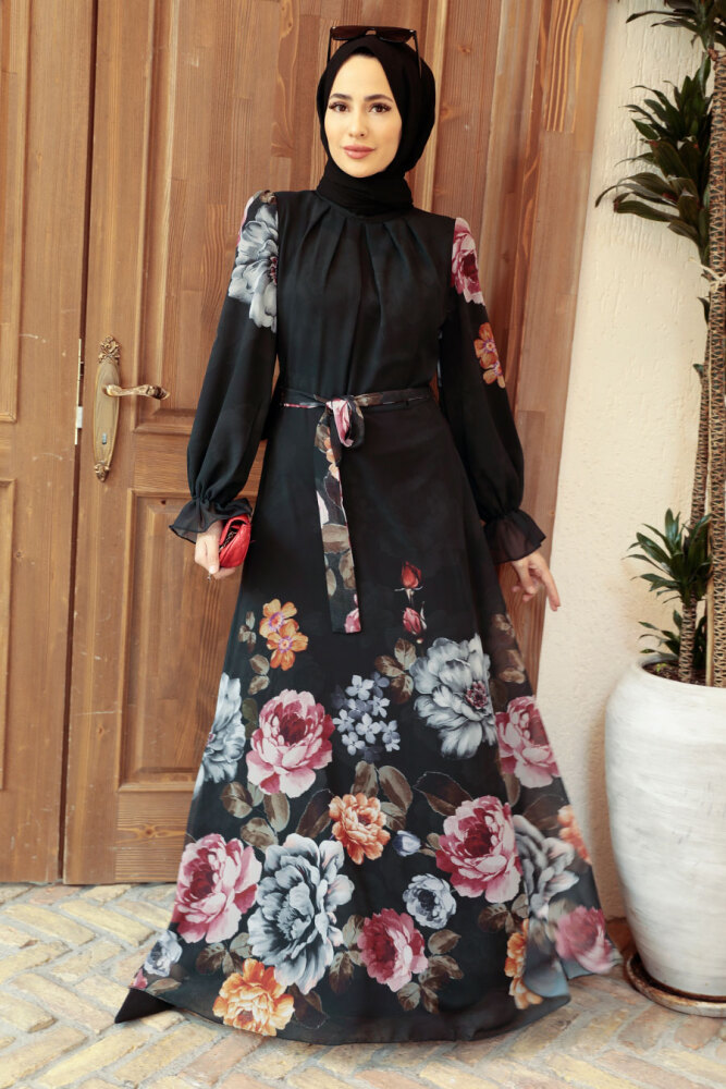 Neva Style - Çiçek Desenli Siyah Tesettür Elbise 35461S - 7