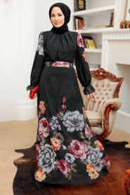 Neva Style - Çiçek Desenli Siyah Tesettür Elbise 35461S - Thumbnail