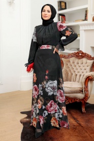 Neva Style - Çiçek Desenli Siyah Tesettür Elbise 35461S - Thumbnail