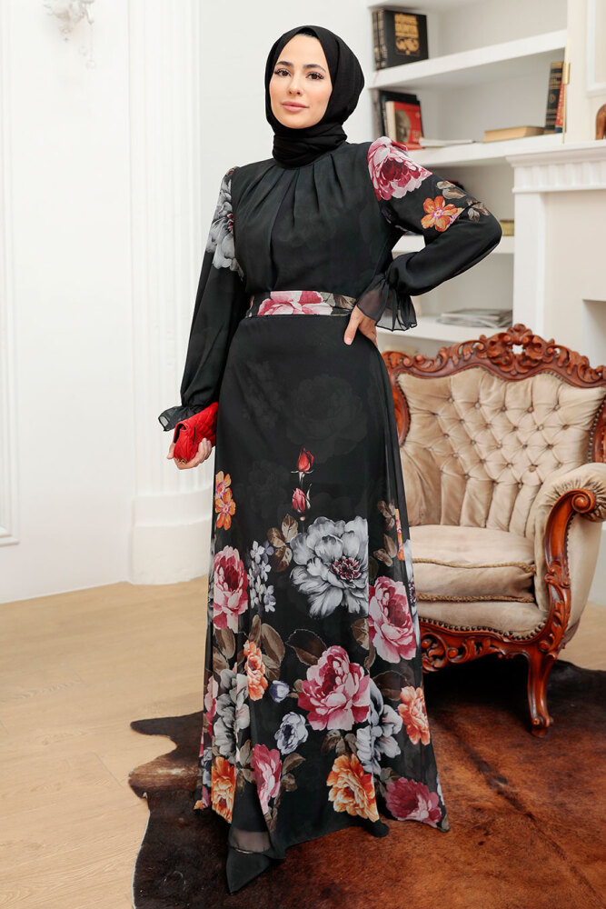 Neva Style - Çiçek Desenli Siyah Tesettür Elbise 35461S - 2