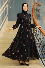 Neva Style - Çiçek Desenli Siyah Tesettür Elbise 35720S - Thumbnail