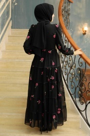 Neva Style - Çiçek Desenli Siyah Tesettür Elbise 35720S - Thumbnail