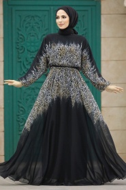 Neva Style - Çiçek Desenli Siyah Tesettür Elbise 39821S - Thumbnail