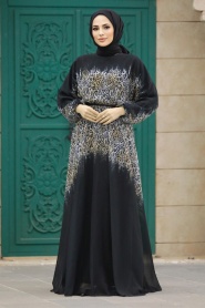 Neva Style - Çiçek Desenli Siyah Tesettür Elbise 39821S - Thumbnail