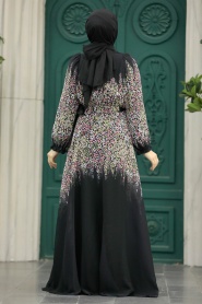 Neva Style - Çiçek Desenli Siyah Tesettür Elbise 40422S - Thumbnail