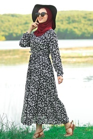Neva Style - Çiçek Desenli Siyah Tesettür Elbise 4051S - Thumbnail