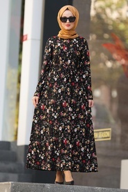 Neva Style - Çiçek Desenli Siyah Tesettür Elbise 43093S - Thumbnail