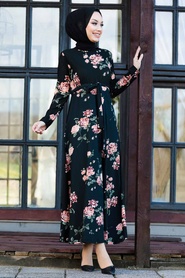 Neva Style - Çiçek Desenli Siyah Tesettür Elbise 43099S - Thumbnail