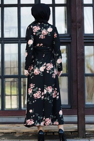 Neva Style - Çiçek Desenli Siyah Tesettür Elbise 43099S - Thumbnail