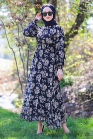 Neva Style - Çiçek Desenli Siyah Tesettür Elbise 46091S - Thumbnail