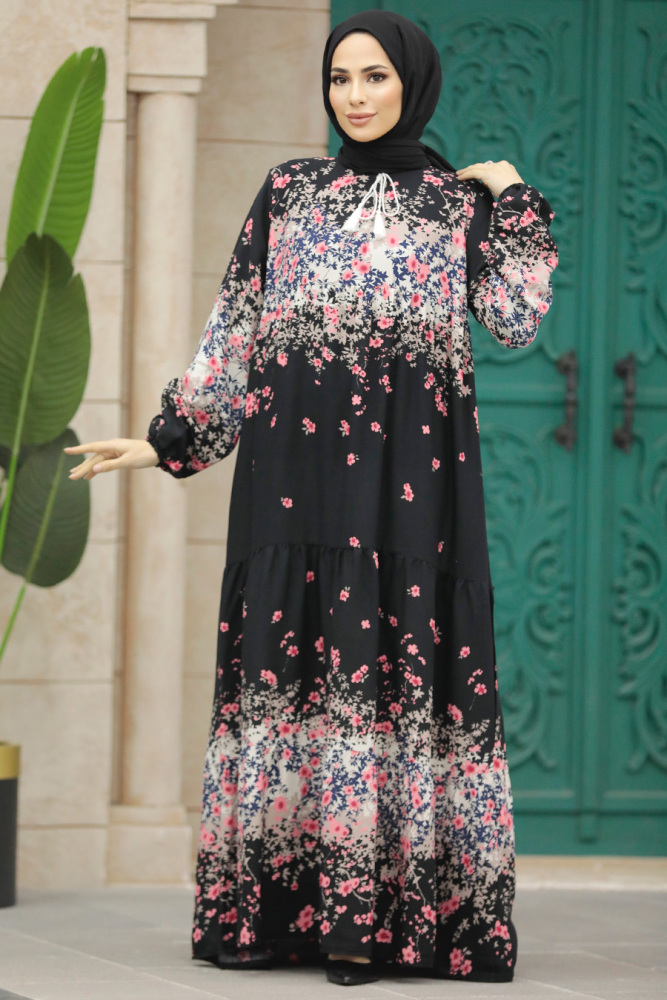  Çiçek Desenli Siyah Tesettür Elbise 50003S - 1