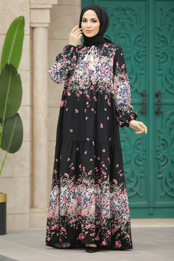  Çiçek Desenli Siyah Tesettür Elbise 50003S - 2