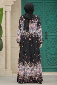 Neva Style - Çiçek Desenli Siyah Tesettür Elbise 50003S - Thumbnail