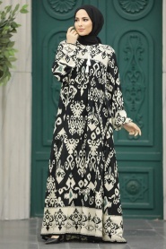 Neva Style - Çiçek Desenli Siyah Tesettür Elbise 50004S - Thumbnail