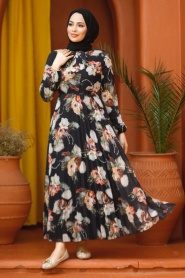 Neva Style - Çiçek Desenli Siyah Tesettür Elbise 50191S - Thumbnail