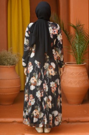 Neva Style - Çiçek Desenli Siyah Tesettür Elbise 50191S - Thumbnail