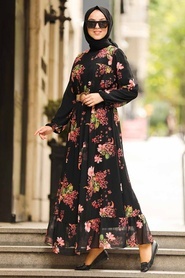 Neva Style - Çiçek Desenli Siyah Tesettür Elbise 51492S - Thumbnail