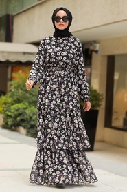 Neva Style - Çiçek Desenli Siyah Tesettür Elbise 5347S - Thumbnail