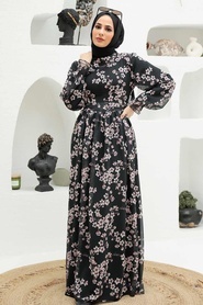 Neva Style - Çiçek Desenli Siyah Tesettür Elbise 56830S - Thumbnail