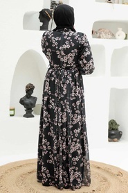 Neva Style - Çiçek Desenli Siyah Tesettür Elbise 56830S - Thumbnail