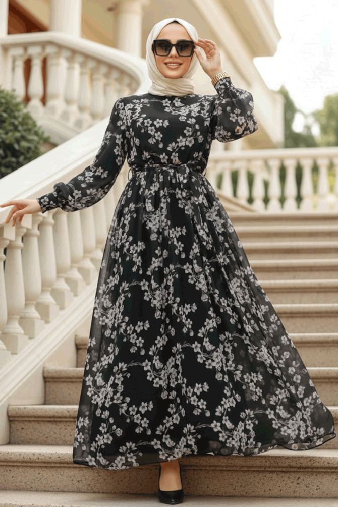  Çiçek Desenli Siyah Tesettür Elbise 56833S - 1