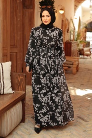 Neva Style - Çiçek Desenli Siyah Tesettür Elbise 56833S - Thumbnail