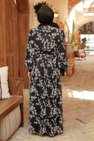 Neva Style - Çiçek Desenli Siyah Tesettür Elbise 56833S - Thumbnail