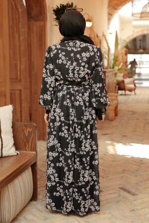 Neva Style - Çiçek Desenli Siyah Tesettür Elbise 56833S - 3
