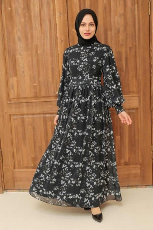 Neva Style - Çiçek Desenli Siyah Tesettür Elbise 5683S - 1