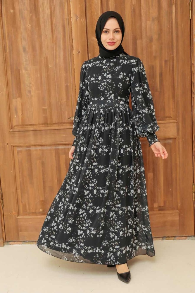Neva Style - Çiçek Desenli Siyah Tesettür Elbise 5683S - 1