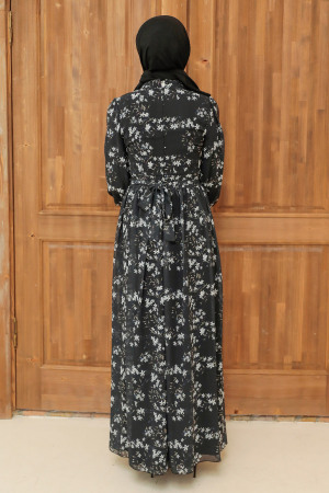Neva Style - Çiçek Desenli Siyah Tesettür Elbise 5683S - 2