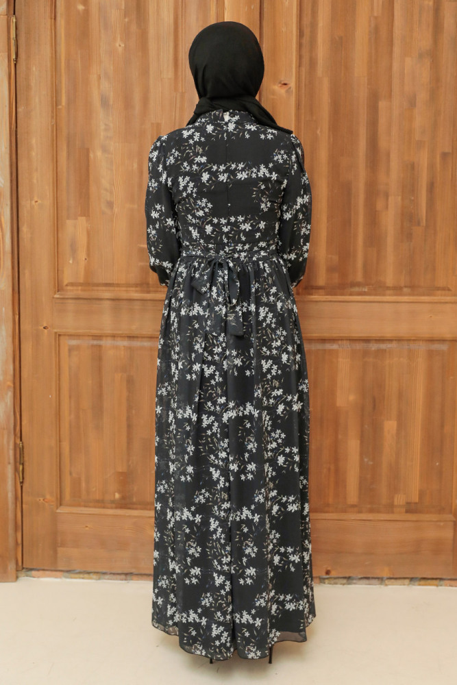 Neva Style - Çiçek Desenli Siyah Tesettür Elbise 5683S - 2