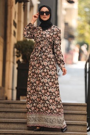 Neva Style - Çiçek Desenli Siyah Tesettür Elbise 6871S - Thumbnail