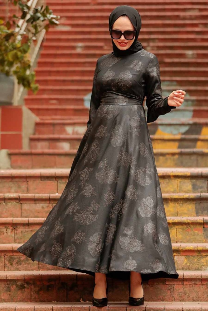 Neva Style - Çiçek Desenli Siyah Tesettür Elbise 75910S - 1