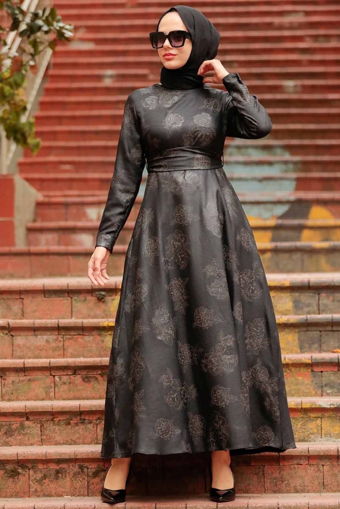 Neva Style - Çiçek Desenli Siyah Tesettür Elbise 75910S - 2
