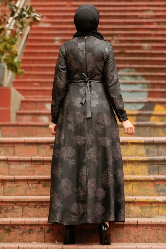 Neva Style - Çiçek Desenli Siyah Tesettür Elbise 75910S - 3