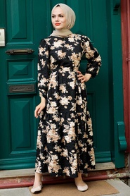 Neva Style - Çiçek Desenli Siyah Tesettür Elbise 7673S - Thumbnail