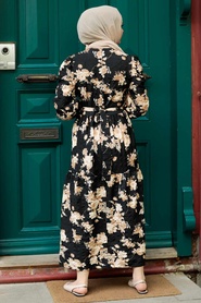 Neva Style - Çiçek Desenli Siyah Tesettür Elbise 7673S - Thumbnail
