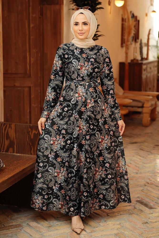 Neva Style - Çiçek Desenli Siyah Tesettür Elbise 7692S - 1