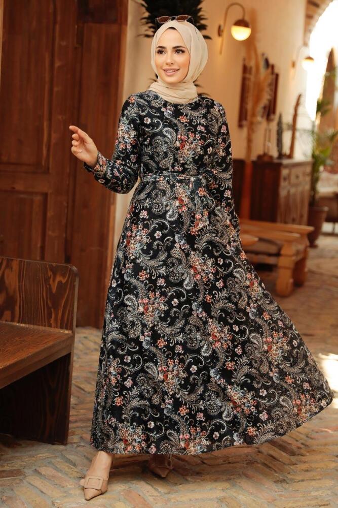 Neva Style - Çiçek Desenli Siyah Tesettür Elbise 7692S - 2