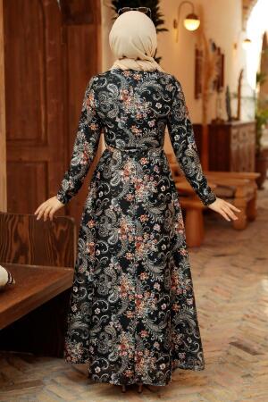 Neva Style - Çiçek Desenli Siyah Tesettür Elbise 7692S - 3