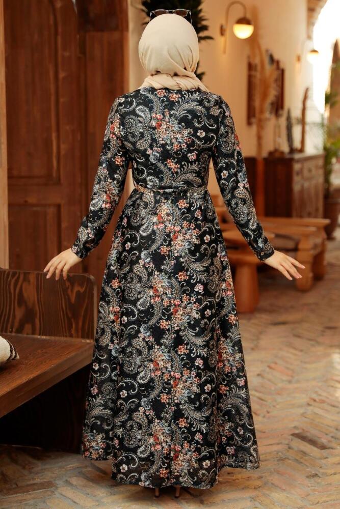 Neva Style - Çiçek Desenli Siyah Tesettür Elbise 7692S - 3